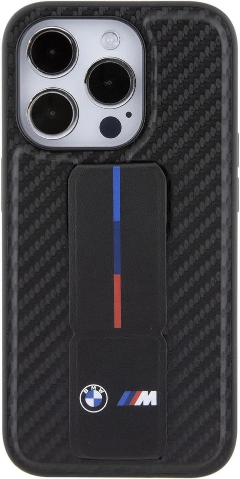 BMW M iPhone 15 Pro Hard Case - PU Smooth & Carbon with Grip Stand - Black