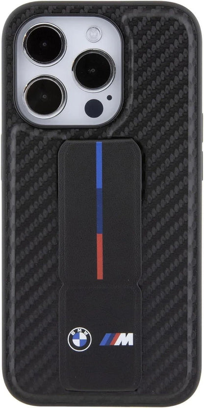 BMW M iPhone 15 Pro Hard Case - PU Smooth & Carbon with Grip Stand - Black