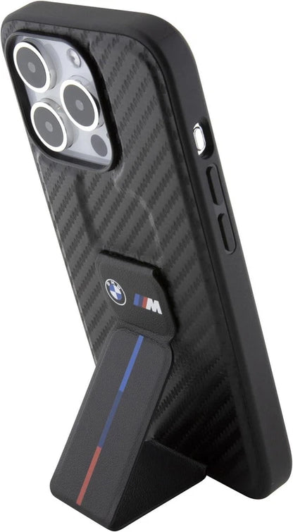 BMW M iPhone 15 Pro Hard Case - PU Smooth & Carbon with Grip Stand - Black