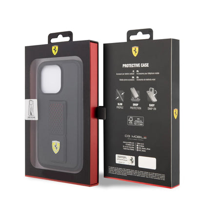 Ferrari iPhone 15 Pro Hard Case - Perforated with Grip Stand - Black