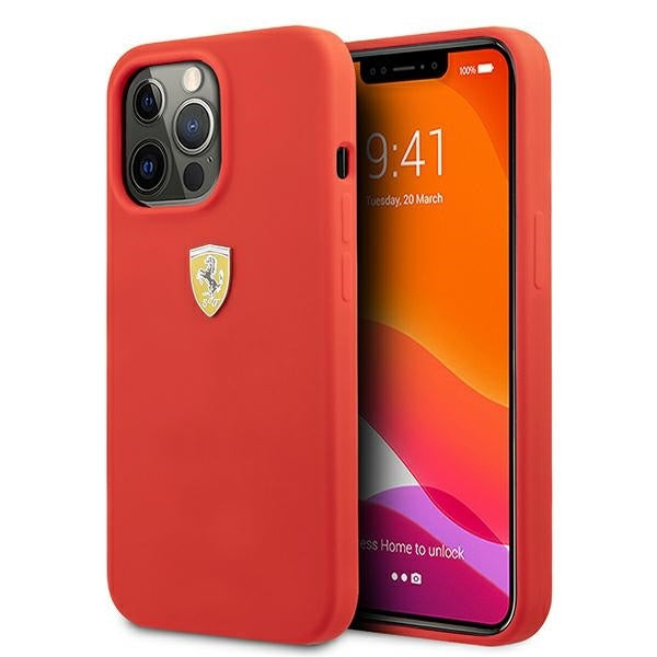 Ferrari iPhone 13 Pro Hard Case - On Track Silicone with Metal Logo - Red