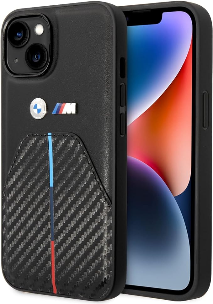BMW M iPhone 14 Hard Case - PU Carbon with Metal Logos - Black