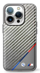 BMW M iPhone 16 Pro Case - MagSafe PU Leather with Carbon & Tricolor Stripe and Metal Logos - Silver