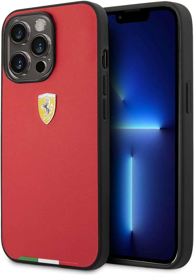 Ferrari iPhone 14 Pro Max Hard Case - Smooth PU with Italy Flag Line - Red