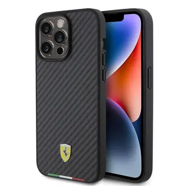 Ferrari iPhone 15 Pro Max Hard Case - PU Carbon with Italy Flag Line - Black