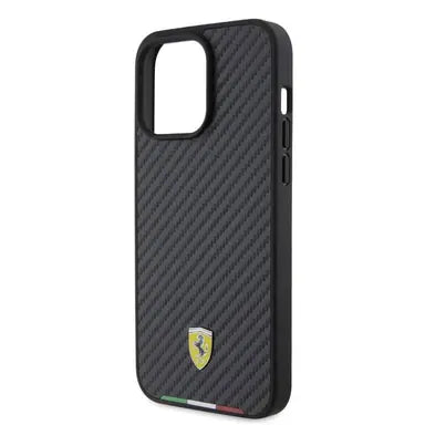 Ferrari iPhone 15 Pro Max Hard Case - PU Carbon with Italy Flag Line - Black