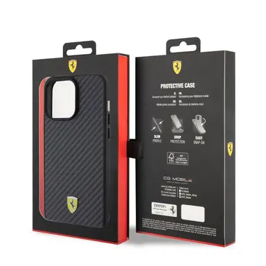 Ferrari iPhone 15 Pro Hard Case - PU Carbon with Italy Flag Line - Black