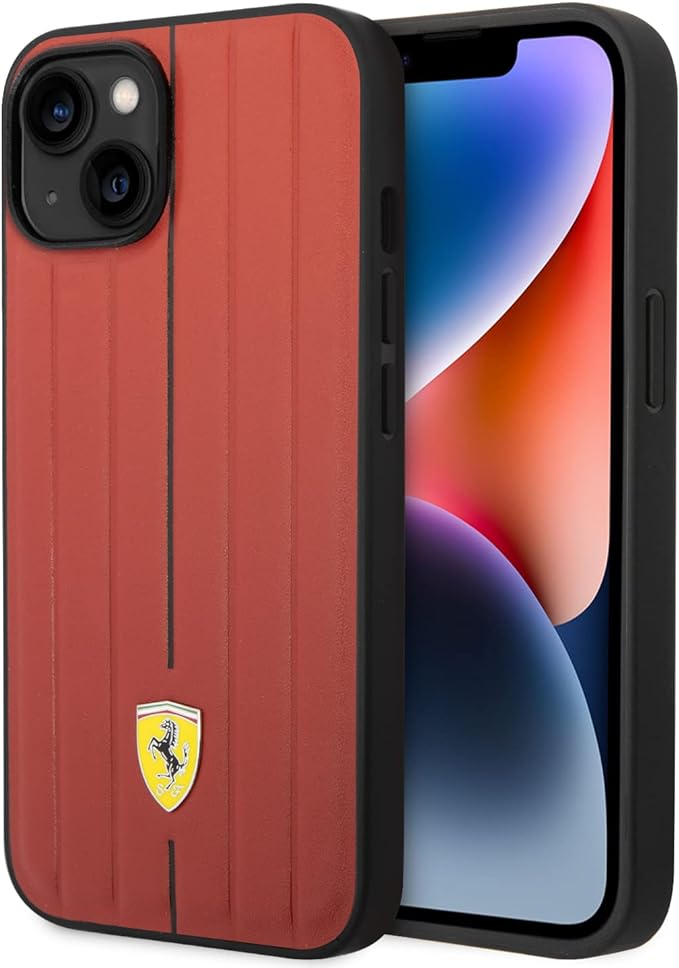 Ferrari iPhone 14 Hard Case - Leather with Hot-Stamped Line - Red