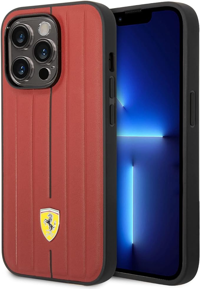Ferrari iPhone 14 Pro Hard Case - Leather with Hot-Stamped Line - Red