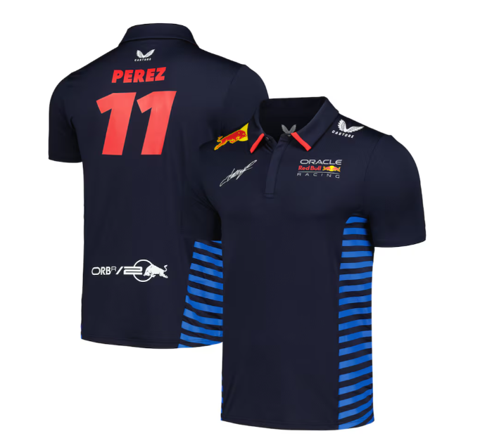 Red Bull Racing Stretch Snap Polo Shirt Sergio Perez Night Sky 2024