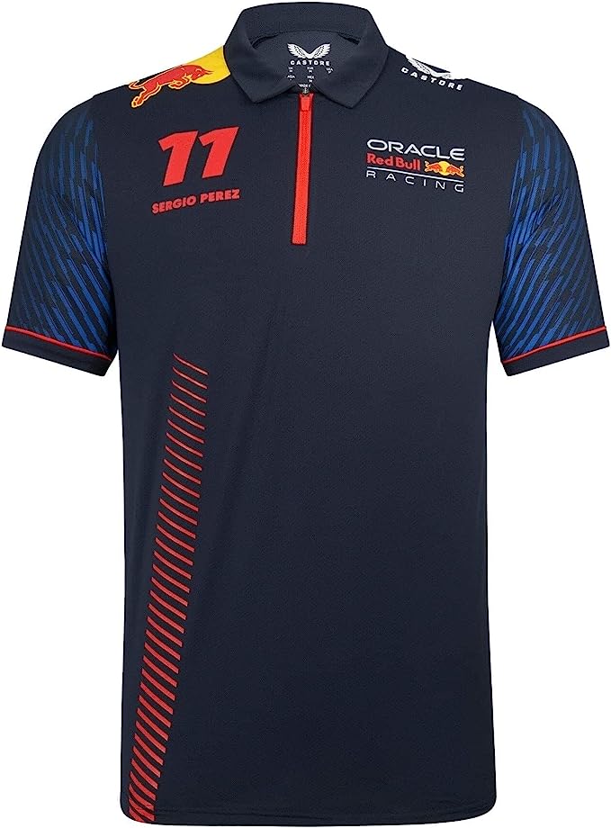 Red Bull Racing Men's Stretch Snap Polo Shirt Driver Sergio Perez Night Sky 2023-RP Teamwear
