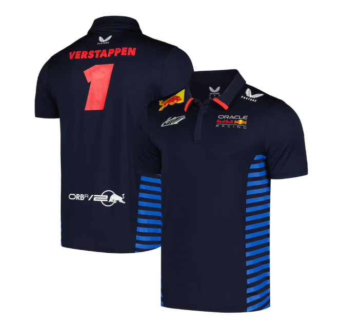 Red Bull Racing Stretch Snap Polo Shirt Driver Max Verstappen Night Sky 2024